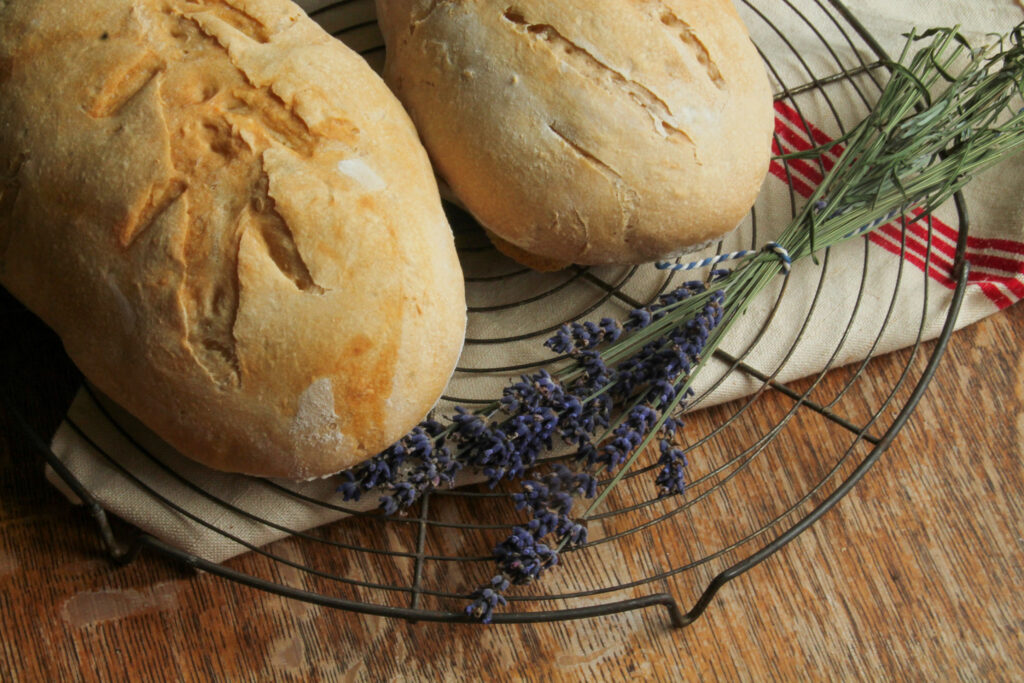 Zelfgebakken brood op een broodrooster met lavendel. Gemaakt van een basisrecept brooddeeg